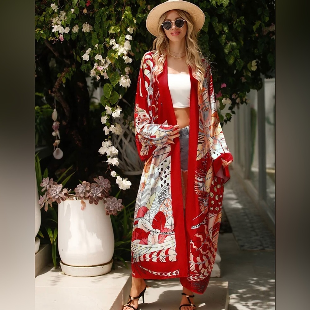 Kimono Casual Cárdigan Duster Bikini Swimsuit Coverup - Picture 4 of 14